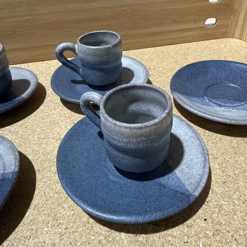 VTG Studio Pottery Blue Gray Espresso Cups & Saucers Sugar Bowl Set - Picture 3 of 16